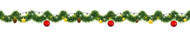 Vector illustration of Christmas garland of mistletoe tinsel with festive light and decorations of golden stars and pine cones