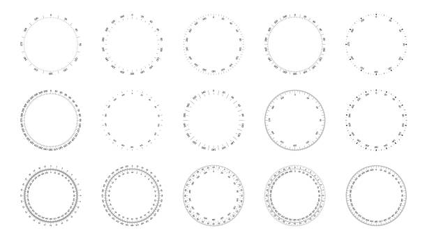 Protractor dial faces with editable stroke width. Protractor dial faces with editable stroke width pair of compasses stock illustrations