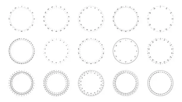 Vector illustration of Protractor dial faces with editable stroke width.