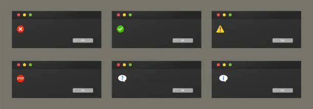 Vector illustration of Set of dialogue boxes popups in dark theme of a night mode.