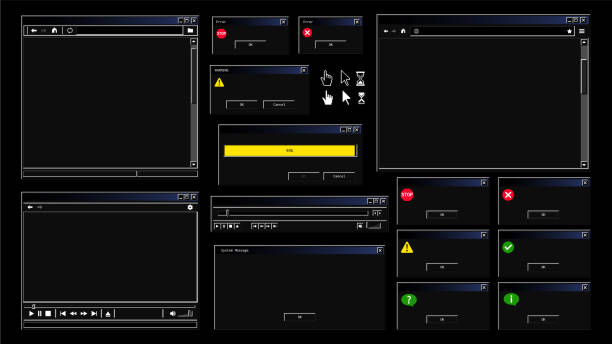 illustrations, cliparts, dessins animés et icônes de vieille interface utilisateur en mode noir moderne. thème noir de la fenêtre de navigateur internet, message d'erreur et lecteur vidéo. - computer bug virus computer pc