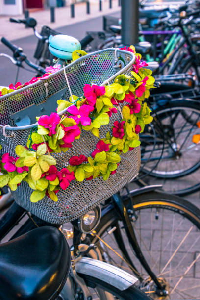 Bicycles and bicycle basket with flowers