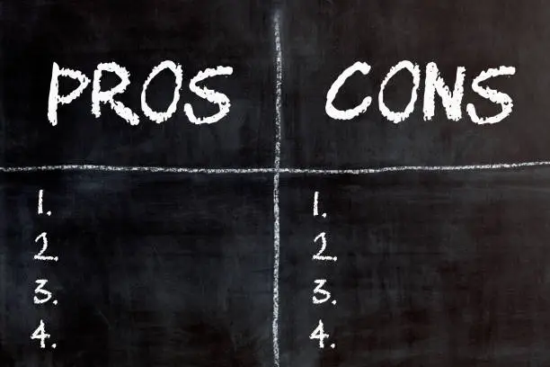 Pros and cons written on blackboard. Business concept. Empty list