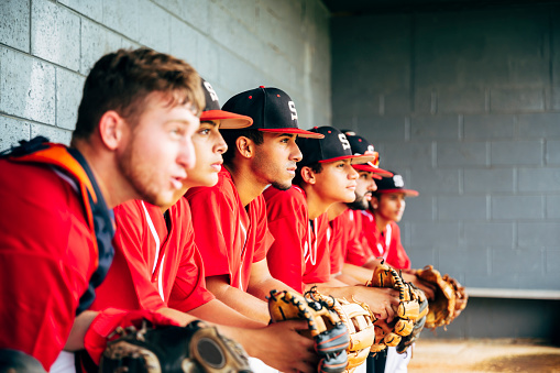 Low angle side viewpoint of young Hispanic baseball team sitting on bench in dugout and watching action on the field.