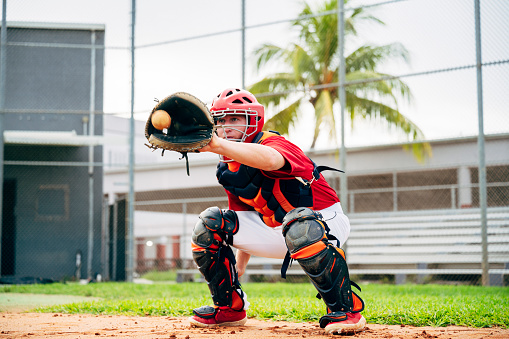 Low angle action portrait of baseball catcher wearing helmet, chest protector, and leg guards crouching with mitt poised to catch pitch.