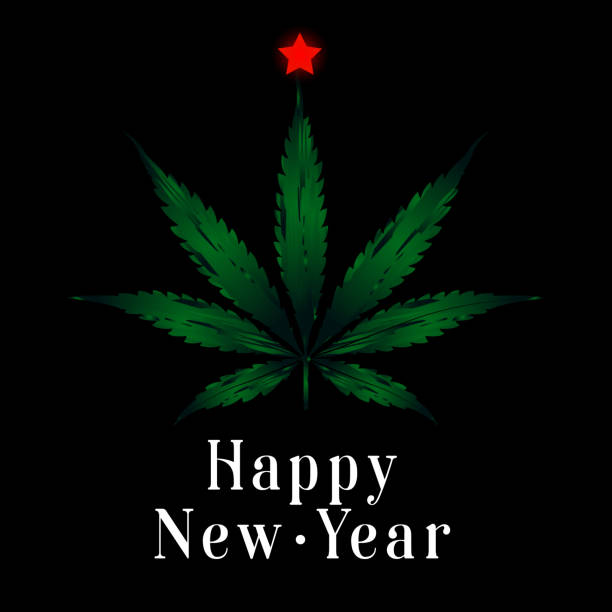 istock Square banner white lettering Happy New Year and green leaf Cannabis with a red star on a black background. New Year concept. Template greeting card, brochure, poster or banner. 1174867176
