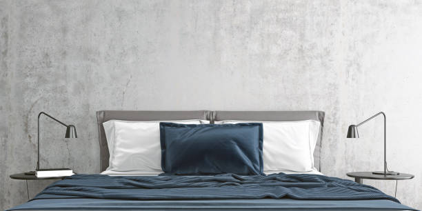 istock Concrete mock up wall in basement with gray blue bed in modern interior background, bedroom, Scandinavian style, ultra wide close-up, 3D render, 3D illustration 1174867430
