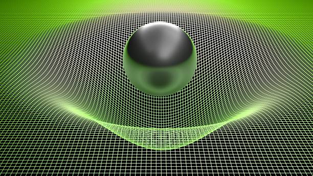 istock Black glossy sphere over a curved grid - 3D rendering illustration 1174867625