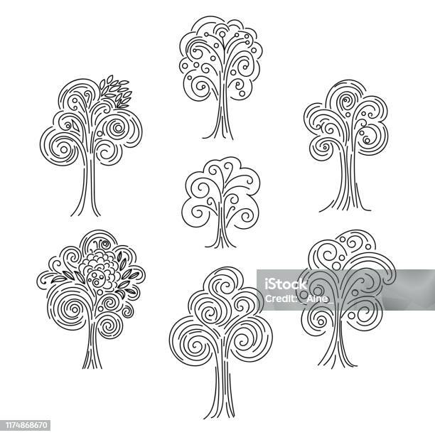 Doodle Thin Line Forest Seamless Pattern Vector Illustration Stock ...