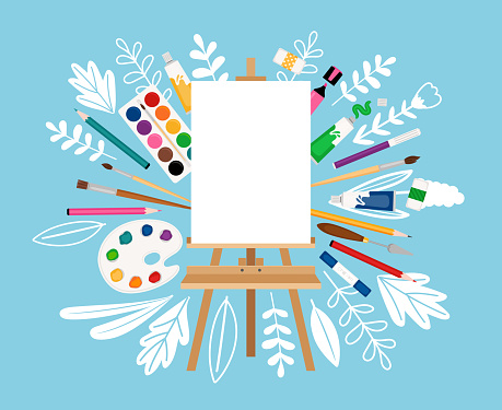 Easel for painting workshop. Paint artists workspace concept, vector painter worker artistic design studio canvas and picture image materials, painting background