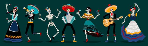 illustrazioni stock, clip art, cartoni animati e icone di tendenza di festa degli scheletri morti - day of the dead skull tattoo mexico