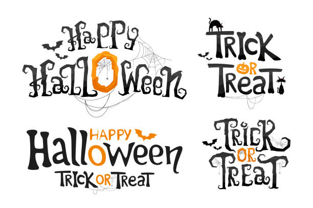 sada happy halloween a trick nebo treat lettering. stylizovaný vektorový text. - halloweenské koledování stock ilustrace