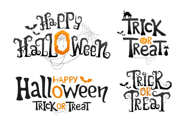 ilustraciones, imágenes clip art, dibujos animados e iconos de stock de conjunto de feliz halloween y truco o tratar letras. texto vectorial estilizado. - trick or treat