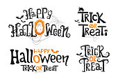 Set of Happy Halloween and Trick or Treat lettering. Stylized vector text.
