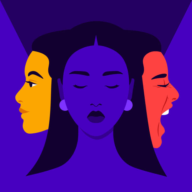 Bipolar disorder. Joy and aggression. Scream and smile. Female face. Mood swings. Bipolar disorder. Joy and aggression. Scream and smile. Female face in profile. Vector flat illustration emotion illustrations stock illustrations