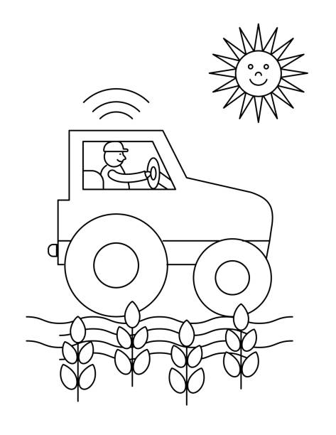 귀여운 어린이 농장 색칠 공부 페이지 - 트랙터 - agriculture farm people plow stock illustrations