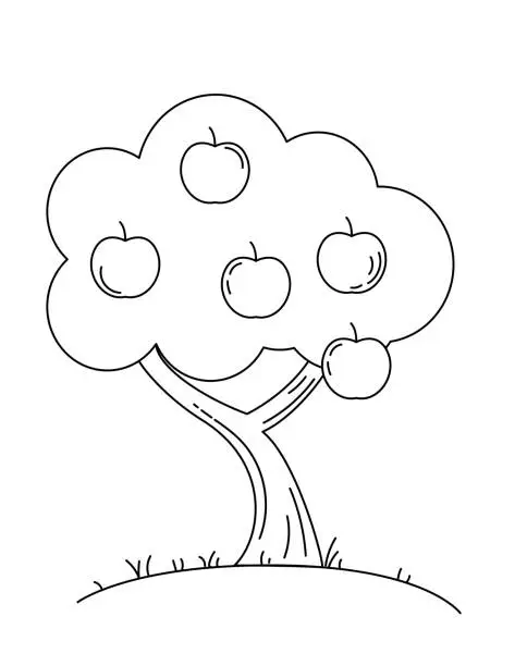 Vector illustration of Cute Children's Farm Coloring Book Page - Apple Tree