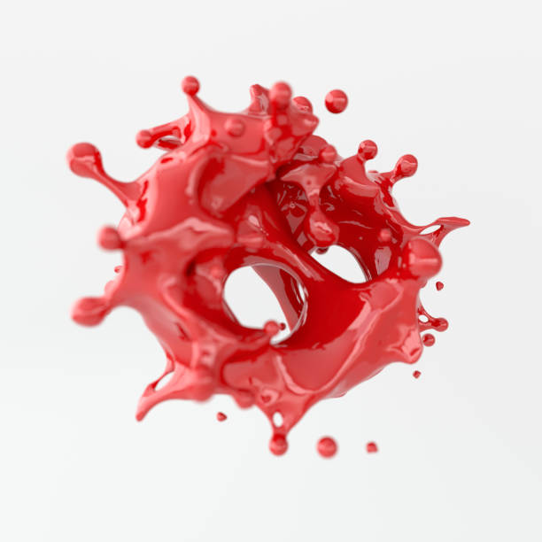 a splash of red paint, colorful liquid 3d rendering. abstract waves and drops of paint or beverage - fruit sauce imagens e fotografias de stock