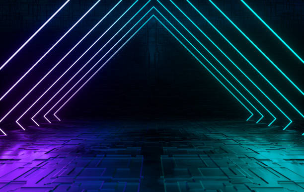 futuristischer sci-fi-betonraum mit leuchtendem neon. virtual-reality-portal, computer-videospiele, lebendige farben, laser-energiequelle. blaue neonlichter - computerspiel konsole fotos stock-fotos und bilder