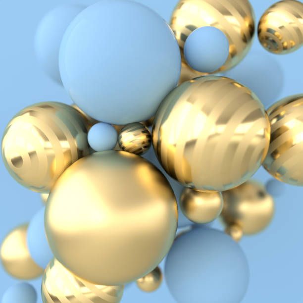 istock Colorful balls 3d rendering. Chaotic spheres geometric abstract background, primitive shapes, minimalistic design, blue and golden colors 1174872616