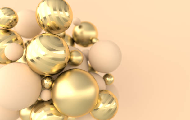 istock Colorful balls 3d rendering. Chaotic spheres geometric abstract background, primitive shapes, minimalistic design, beige and golden colors 1174872617