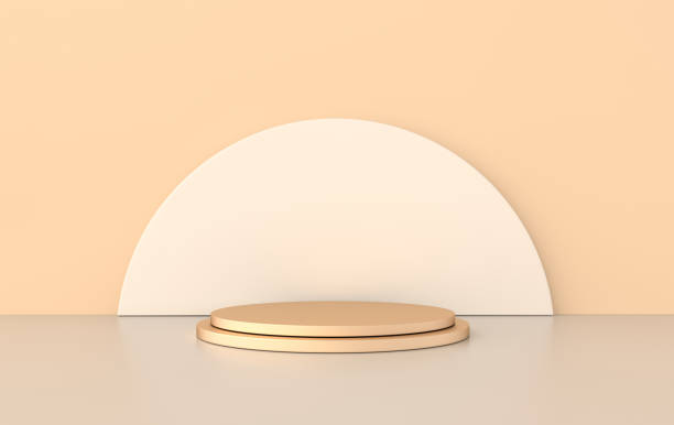 istock 3d rendered studio with geometric shapes, podium on the floor. Platforms for product presentation, mock up background. Abstract composition in minimal design, pastel and gold colors 1174872666