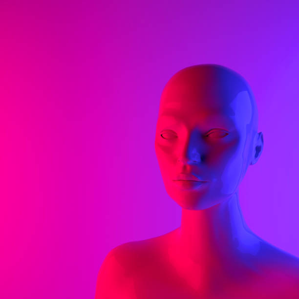 istock Female mannequin head 3d render. Shop display, neon pink and purple light 1174872673