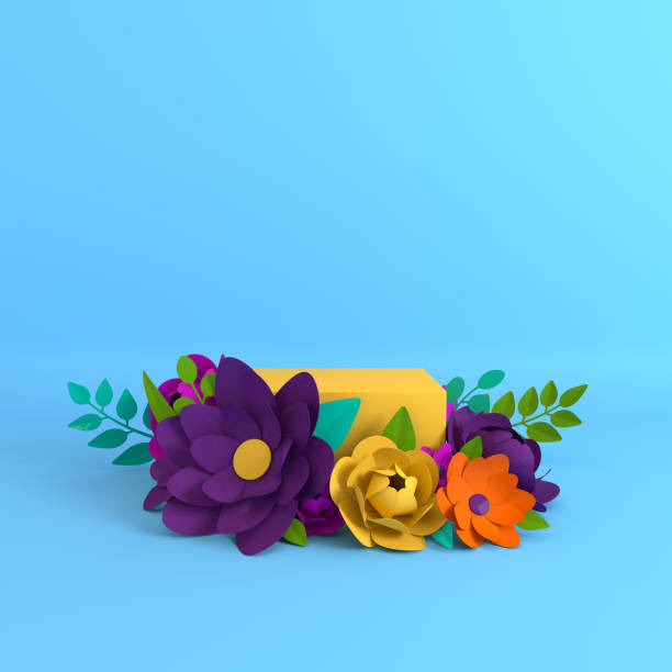 istock Paper flowers and leaves frame, podium platform for product presentation. Summer or spring colorful background. Paper cut 3d render mock up 1174873029