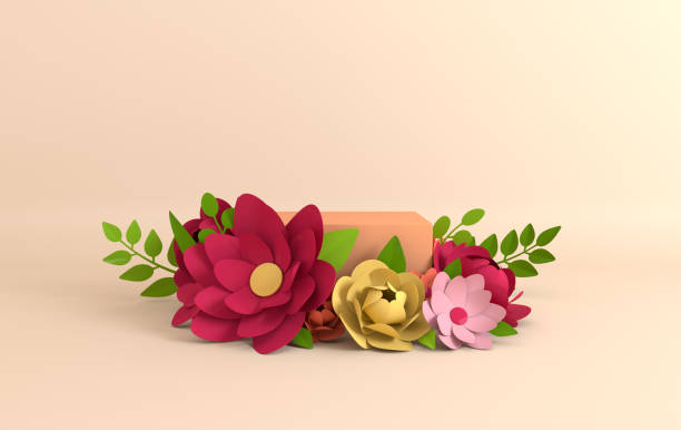 istock Paper flowers and leaves frame, podium platform for product presentation. Summer or spring background. Paper cut 3d render mock up 1174873031