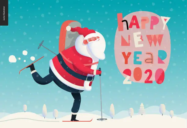 Vector illustration of Skiing Santa Claus - 2020 New Year greeting card