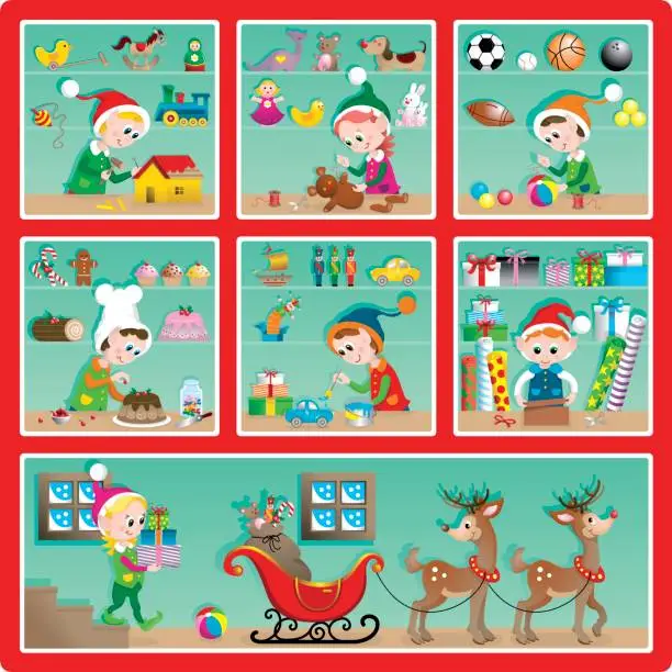 Vector illustration of Cute Christmas toy factory set