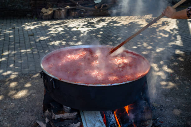 istock Traditional making tomato paste in boiler with wood fire in the village 1174878062