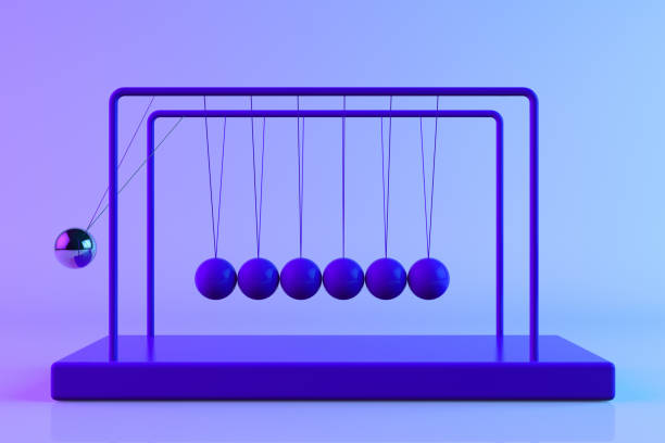 Newton's Cradle, Balancing Balls, Teamwork, Leadership Concept 3d rendering of Newton's Cradle, shiny, metallic balancing balls, pendulum. Leadership teamwork concept. Blue and purple colors. perpetual motion stock pictures, royalty-free photos & images