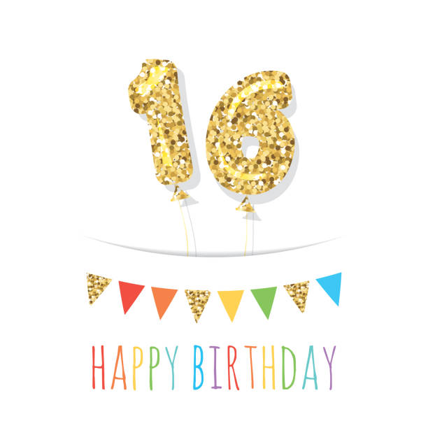 istock Sixteen cute birthday card template. Gold glitter balloon numbers 16. Vector 1174880094