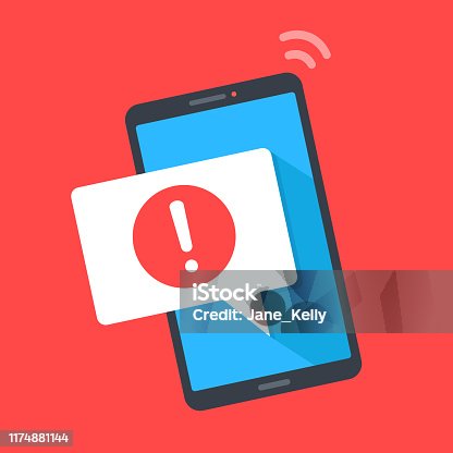 istock Alert, mobile phone notification, warning, important message concepts. Smartphone with speech bubble and exclamation point on screen. Modern flat design. Vector illustration 1174881144