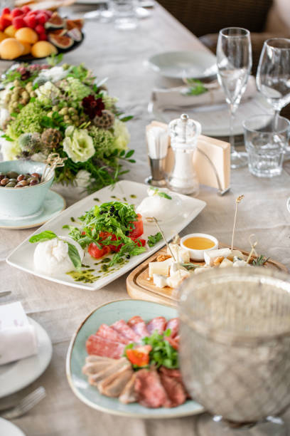 istock Gala dinner, serving table for birthday or wedding. Different meals for the guests on Banquet. delicious dishes on the table in the restaurant. 1174881561
