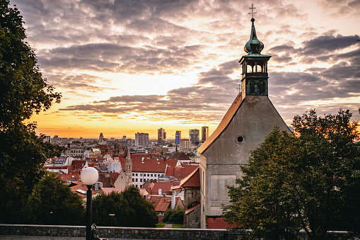 View of Bratislava City, Slovakia with churchl in Focus at Sunrise