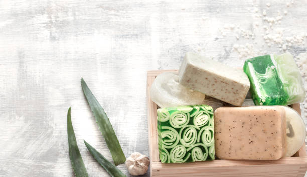 istock Flat-lay natural bright beautiful cosmetics handmade soap. 1174887097