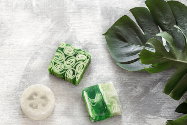 istock Flat-lay natural bright beautiful cosmetics handmade soap. 1174887105