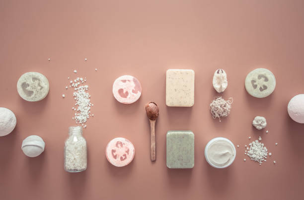 istock Spa composition with body care items on a colored background. 1174887216