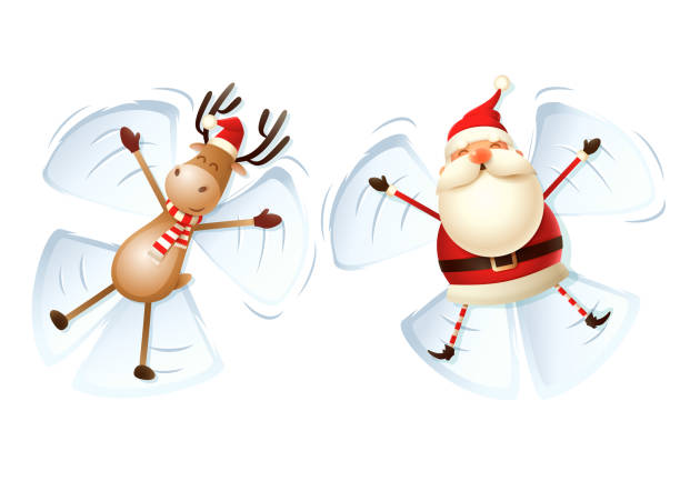 weihnachtsmann und rendeer machen engel in schnee vektor illustration isoliert auf weißem hintergrund - weihnachten lustig stock-grafiken, -clipart, -cartoons und -symbole