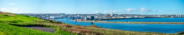 Aberdeen, Scotland, November 2017: Panorama of Aberdeen city and port from Torry Battery historical landmark