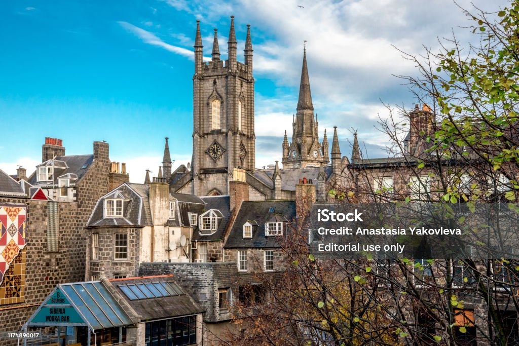 Medieval and Gothic style city centre architecture in Aberdeen downtown, Scotland Aberdeen, United Kingdom, November 2017: Medieval and Gothic style city centre architecture Aberdeen - Scotland Stock Photo