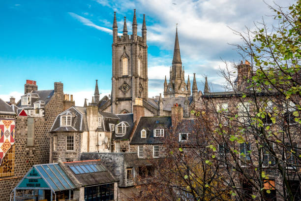 Medieval and Gothic style city centre architecture in Aberdeen downtown, Scotland stock photo