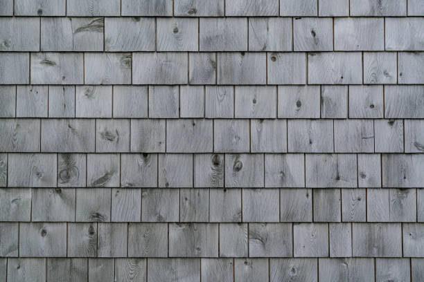 Weathered Gray Cedar Shingle Wall stock photo