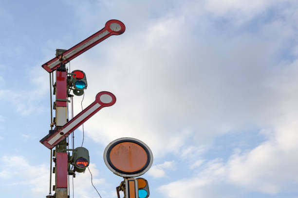 Railroad signal against the blue sky with clouds, copy space