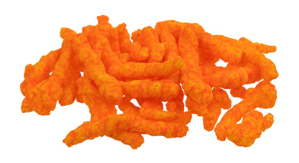 gruppe von käse doodle junk food auf weißem hintergrund - cheese portion cracker cheddar stock-fotos und bilder