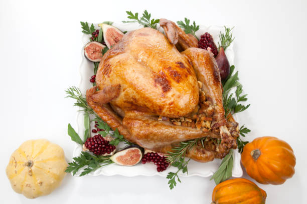 istock Traditional Roasted Turkey on White With Pumpkin 1174894924