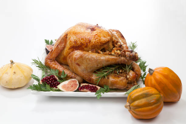 istock Traditional Roasted Turkey on White With Pumpkin 1174894943