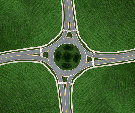 Aerial drone view of a roundabout.